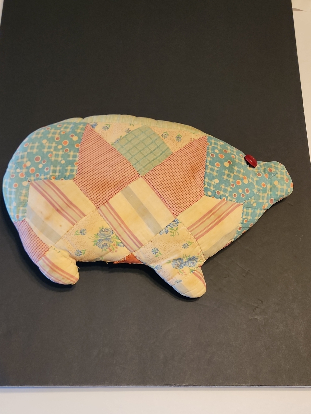 Patchwork Quilted Pig Decorative Pillow - Multicolor With Red Button Eye.
